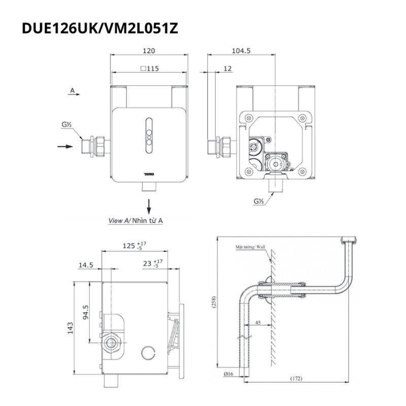 Van xả tiểu TOTO DUE126UK VM2L051Z cảm ứng dùng pin kèm ống nối